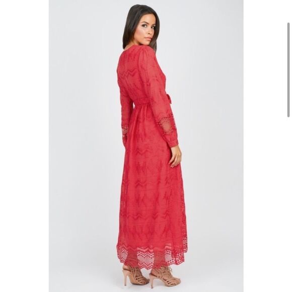 Olivia Culpo Red Lace Maxi Dress Embroidered Long Sleeve Medium - Picture 3 of 13
